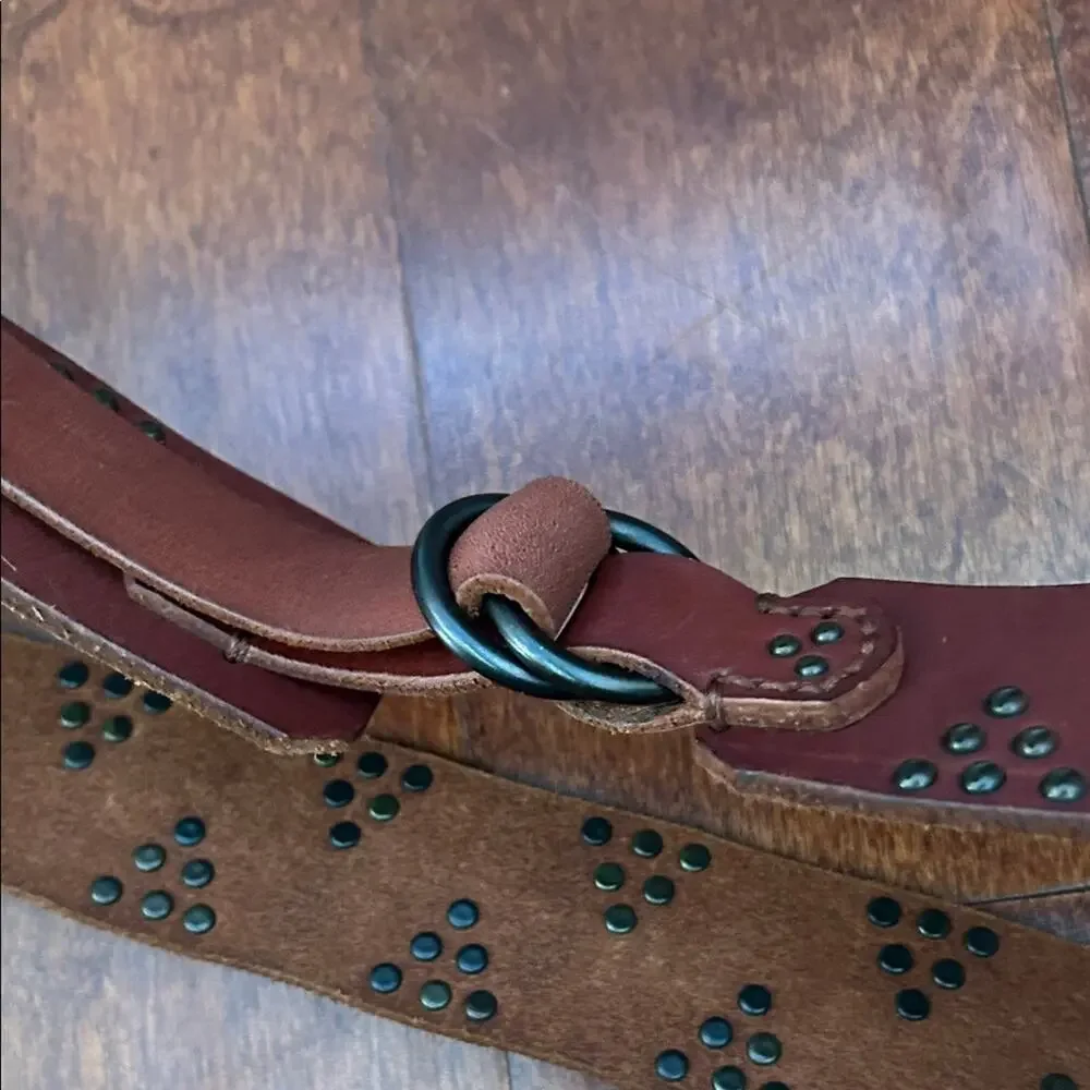 Western Boho Thick Brown Leather Belt with Stud Accents, D Ring Closure
